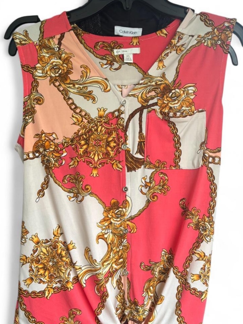 Sleeveless Pink & White Baroque Tie-Front Blouse - Picture 2 of 2